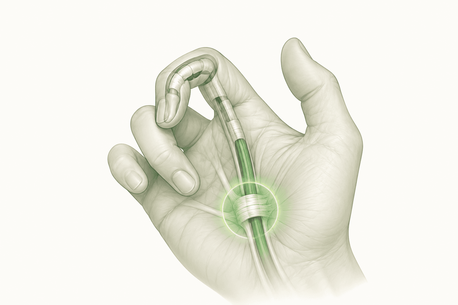 Ilustração do tendão flexor preso na polia A1, causando o dedo em gatilho